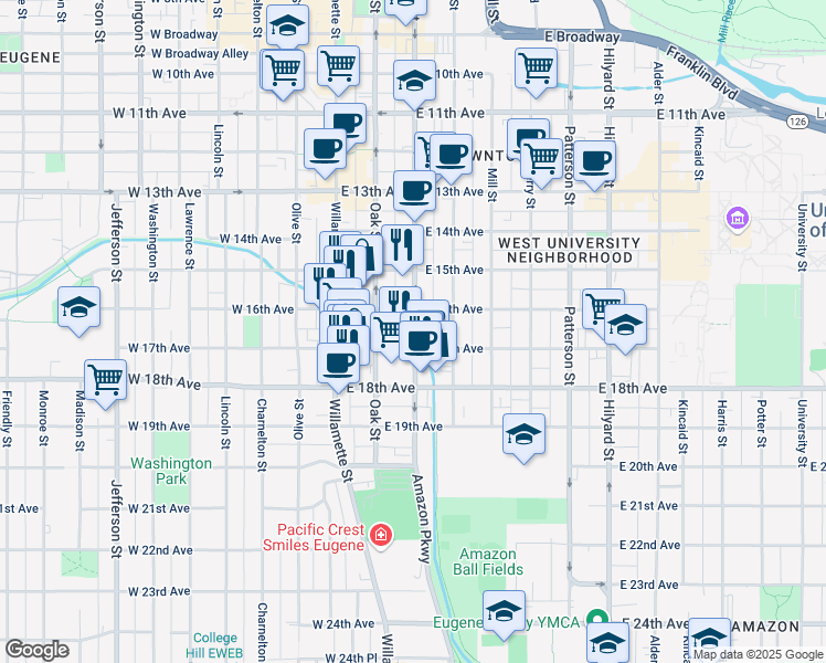 map of restaurants, bars, coffee shops, grocery stores, and more near 1661 Pearl Street in Eugene
