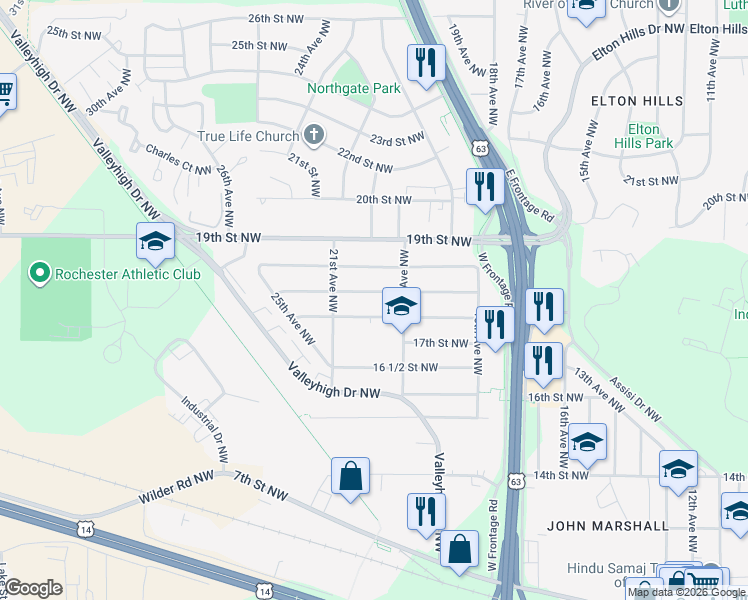map of restaurants, bars, coffee shops, grocery stores, and more near 2014 18th Street Northwest in Rochester