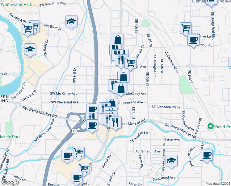 map of restaurants, bars, coffee shops, grocery stores, and more near 901 The Dalles-California Highway in Bend