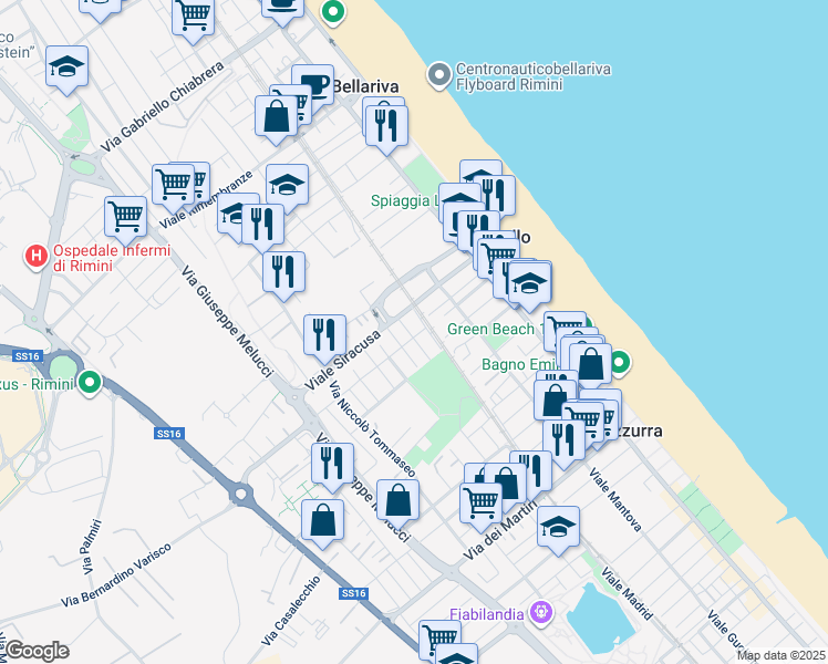map of restaurants, bars, coffee shops, grocery stores, and more near 1 Via Aurelio Cassiodoro in Rimini