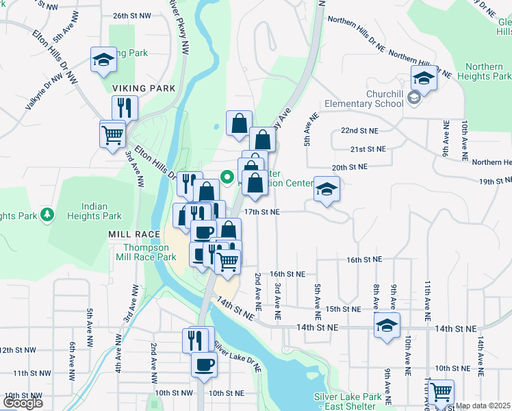 map of restaurants, bars, coffee shops, grocery stores, and more near 1700 North Broadway Avenue in Rochester