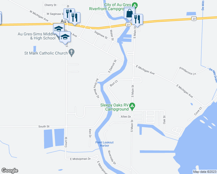 map of restaurants, bars, coffee shops, grocery stores, and more near 648 Burt Court in Au Gres