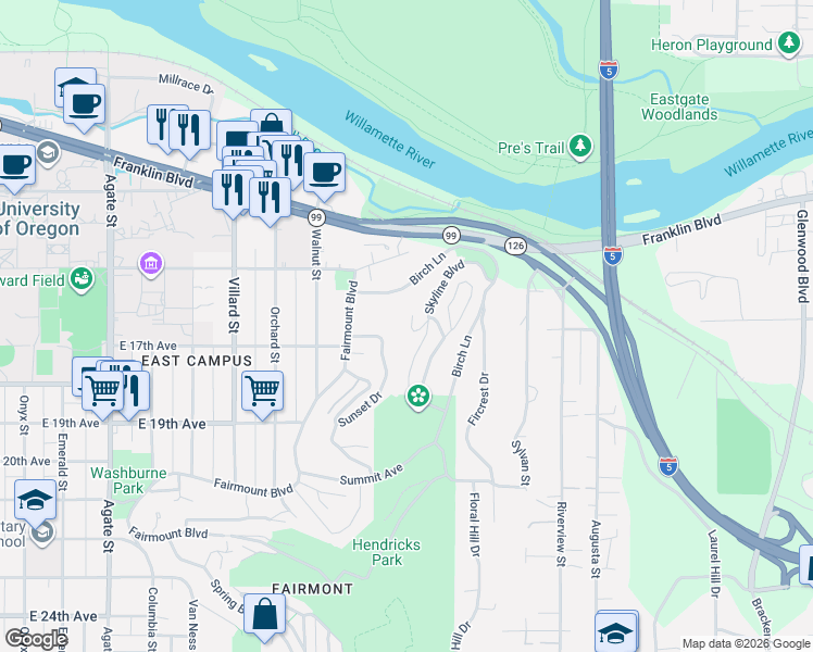 map of restaurants, bars, coffee shops, grocery stores, and more near 2275 Rose Lane in Eugene