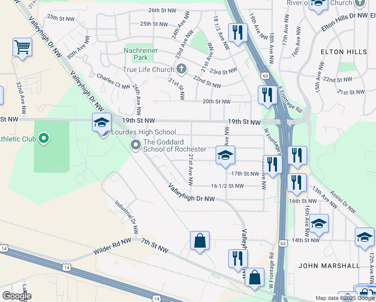 map of restaurants, bars, coffee shops, grocery stores, and more near 1763 21st Avenue Northwest in Rochester
