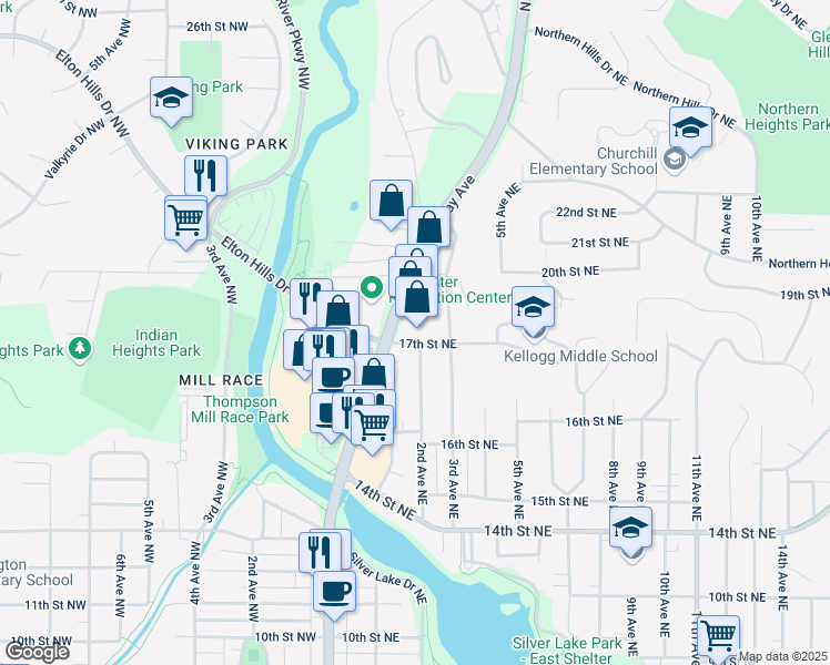 map of restaurants, bars, coffee shops, grocery stores, and more near 1700 North Broadway Avenue in Rochester