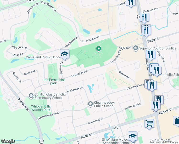 map of restaurants, bars, coffee shops, grocery stores, and more near 236 McCaffrey Road in Newmarket