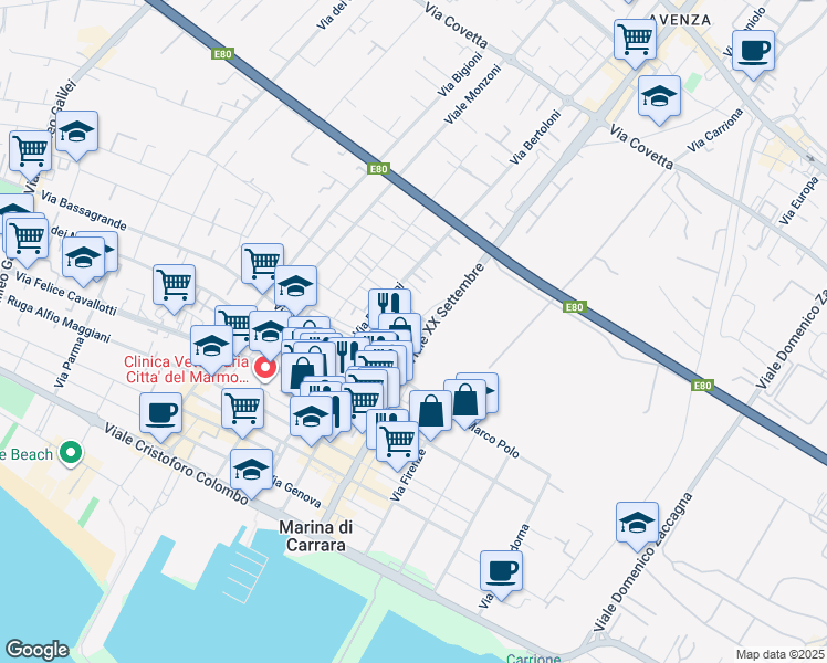 map of restaurants, bars, coffee shops, grocery stores, and more near 1 Via Nazario Sauro in Marina di Carrara