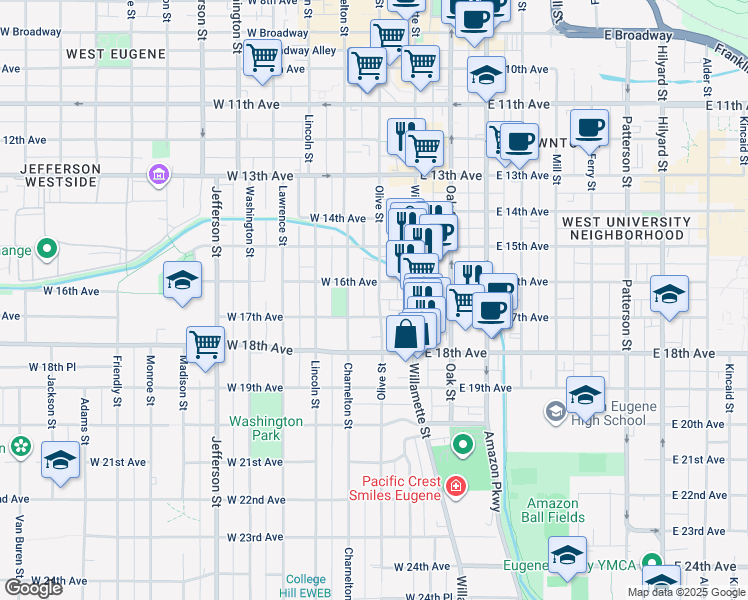 map of restaurants, bars, coffee shops, grocery stores, and more near 1652 Olive Street in Eugene