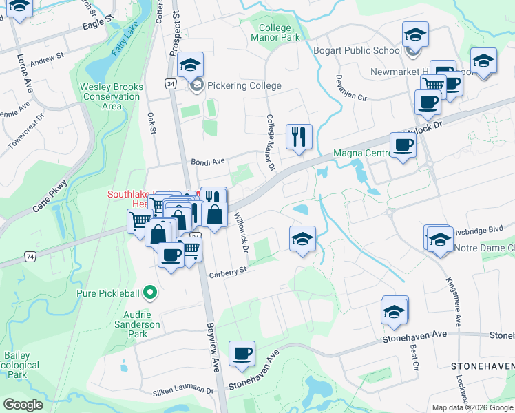 map of restaurants, bars, coffee shops, grocery stores, and more near 559 Walpole Crescent in Newmarket