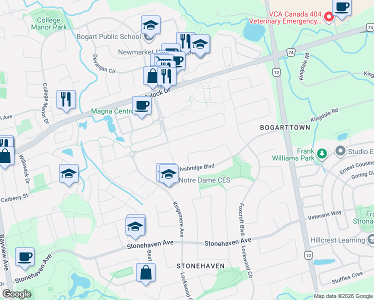 map of restaurants, bars, coffee shops, grocery stores, and more near 963 Northern Prospect Crescent in Newmarket