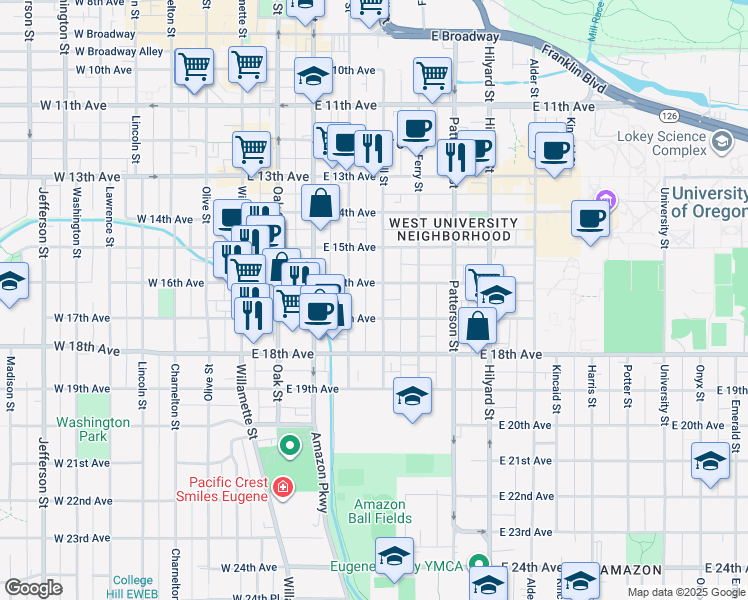 map of restaurants, bars, coffee shops, grocery stores, and more near 1654 Mill Street in Eugene