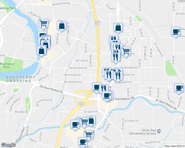 map of restaurants, bars, coffee shops, grocery stores, and more near 37 Southeast McKinley Avenue in Bend