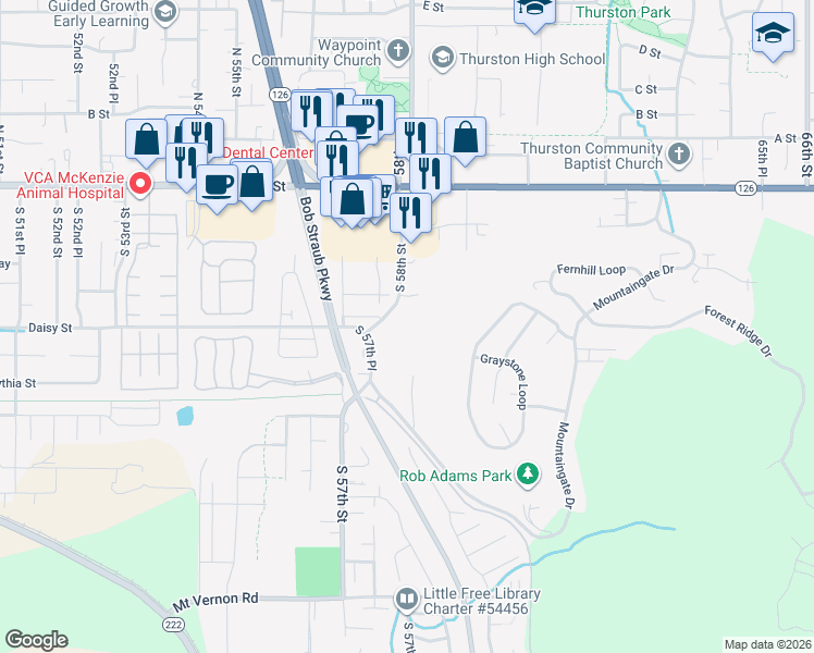 map of restaurants, bars, coffee shops, grocery stores, and more near 421 South 58th Place in Springfield