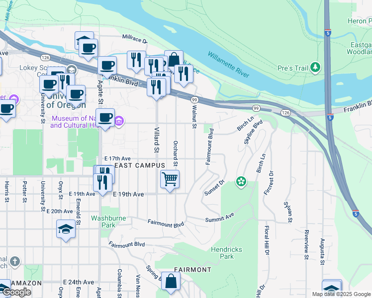 map of restaurants, bars, coffee shops, grocery stores, and more near 1683 Orchard Street in Eugene