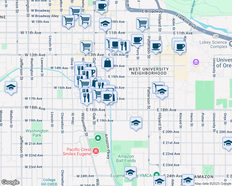 map of restaurants, bars, coffee shops, grocery stores, and more near in Eugene