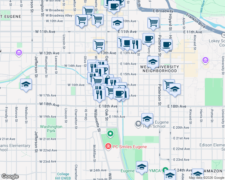map of restaurants, bars, coffee shops, grocery stores, and more near 1686 Pearl Street in Eugene