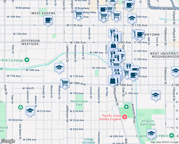 map of restaurants, bars, coffee shops, grocery stores, and more near 329 West 17th Avenue in Eugene