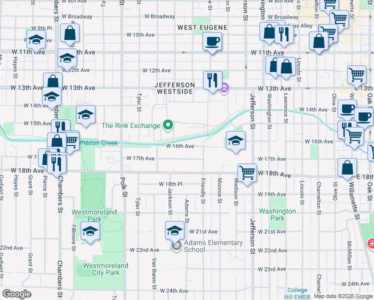 map of restaurants, bars, coffee shops, grocery stores, and more near 885 West 17th Avenue in Eugene