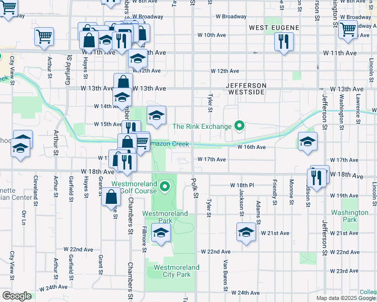 map of restaurants, bars, coffee shops, grocery stores, and more near 1685 Polk Street in Eugene