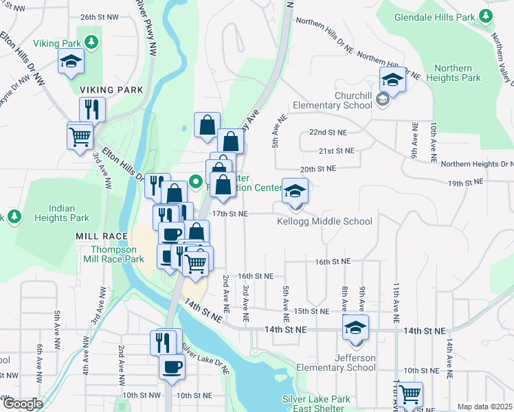 map of restaurants, bars, coffee shops, grocery stores, and more near 409 17th Street Northeast in Rochester