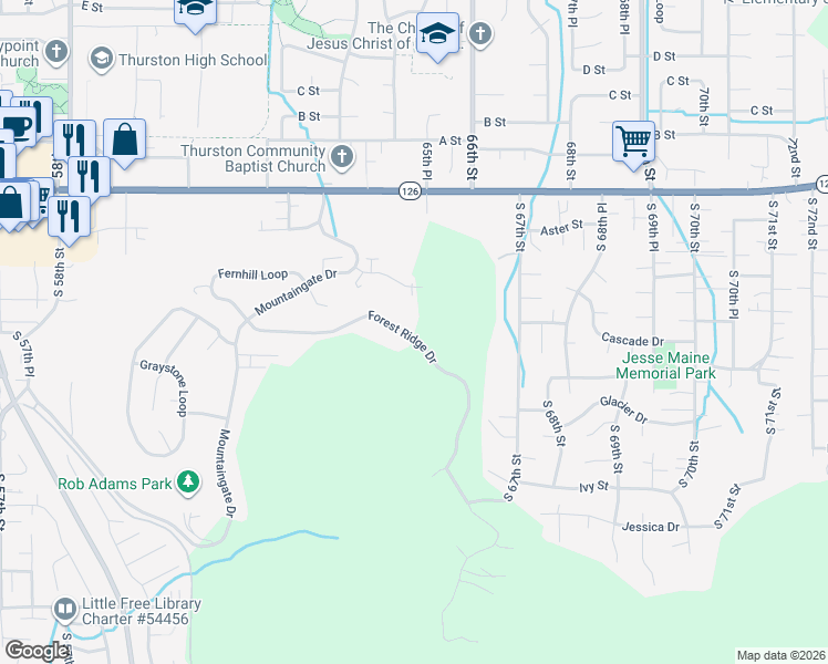 map of restaurants, bars, coffee shops, grocery stores, and more near 6489 Forest Ridge Drive in Springfield