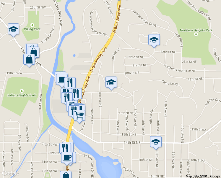 map of restaurants, bars, coffee shops, grocery stores, and more near 409 17th Street Northeast in Rochester