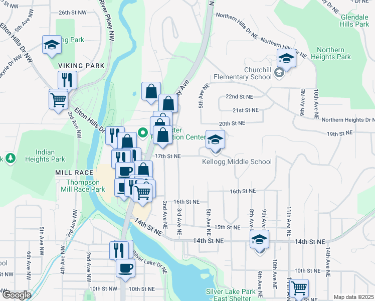 map of restaurants, bars, coffee shops, grocery stores, and more near 307 17th Street Northeast in Rochester