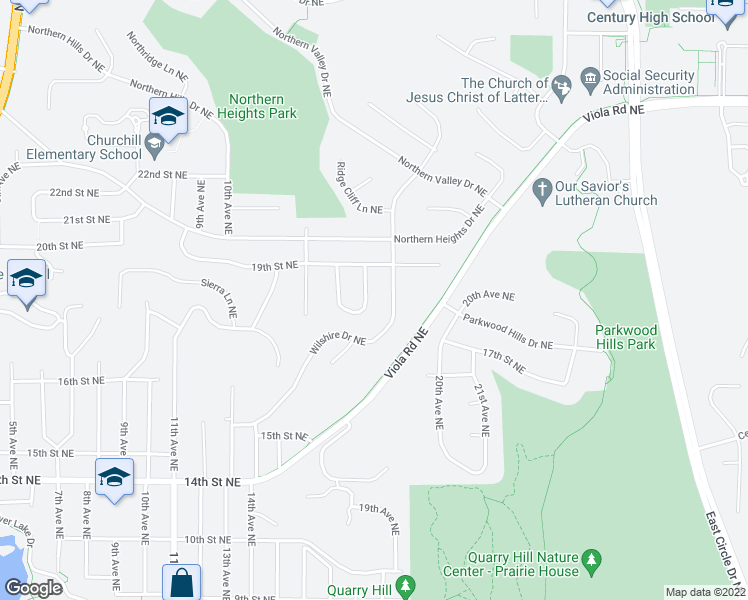 map of restaurants, bars, coffee shops, grocery stores, and more near 1426 City View Court Northeast in Rochester