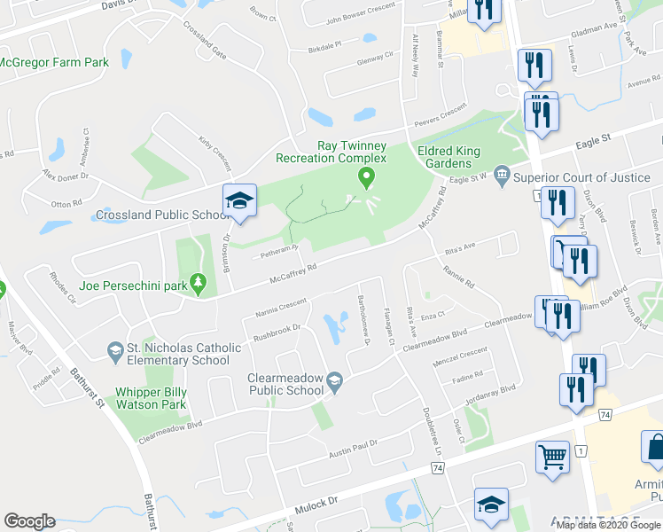 map of restaurants, bars, coffee shops, grocery stores, and more near 236 McCaffrey Road in Newmarket