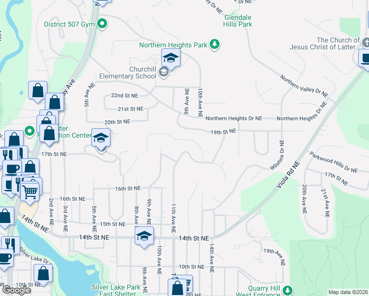 map of restaurants, bars, coffee shops, grocery stores, and more near 1711 11th Avenue Northeast in Rochester