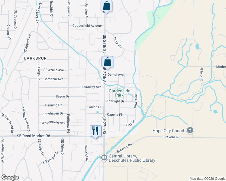 map of restaurants, bars, coffee shops, grocery stores, and more near 61699 Darla Place in Bend