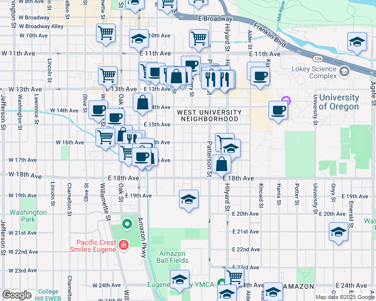 map of restaurants, bars, coffee shops, grocery stores, and more near 1630 Ferry Street in Eugene
