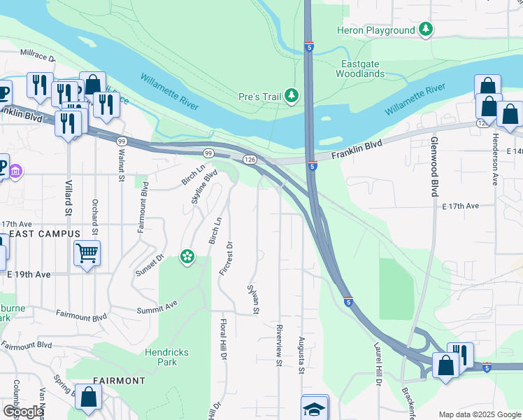 map of restaurants, bars, coffee shops, grocery stores, and more near 1591 Sylvan Street in Eugene