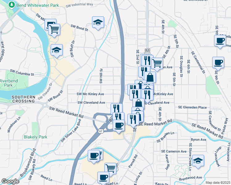 map of restaurants, bars, coffee shops, grocery stores, and more near 37 Southeast McKinley Avenue in Bend