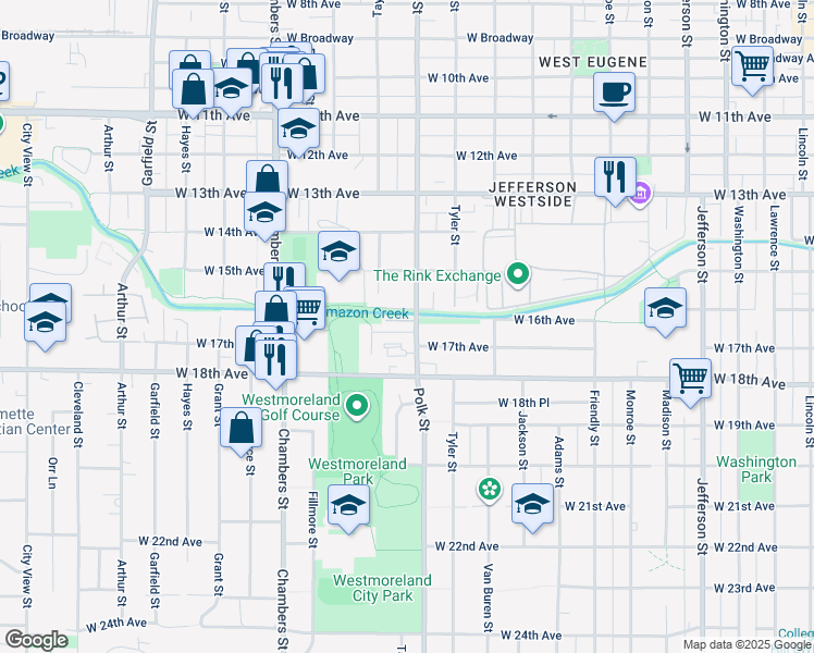 map of restaurants, bars, coffee shops, grocery stores, and more near 1315 West 17th Avenue in Eugene