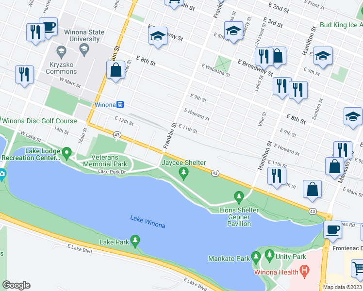 map of restaurants, bars, coffee shops, grocery stores, and more near 630 Franklin Street in Winona