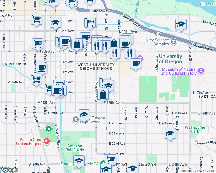map of restaurants, bars, coffee shops, grocery stores, and more near 1641 Hilyard Street in Eugene