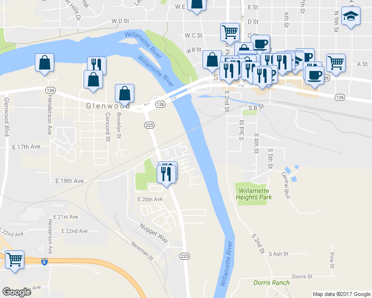 map of restaurants, bars, coffee shops, grocery stores, and more near 4501 Franklin Boulevard in Eugene
