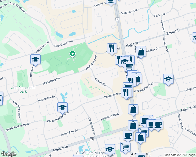 map of restaurants, bars, coffee shops, grocery stores, and more near 369 Rannie Road in Newmarket