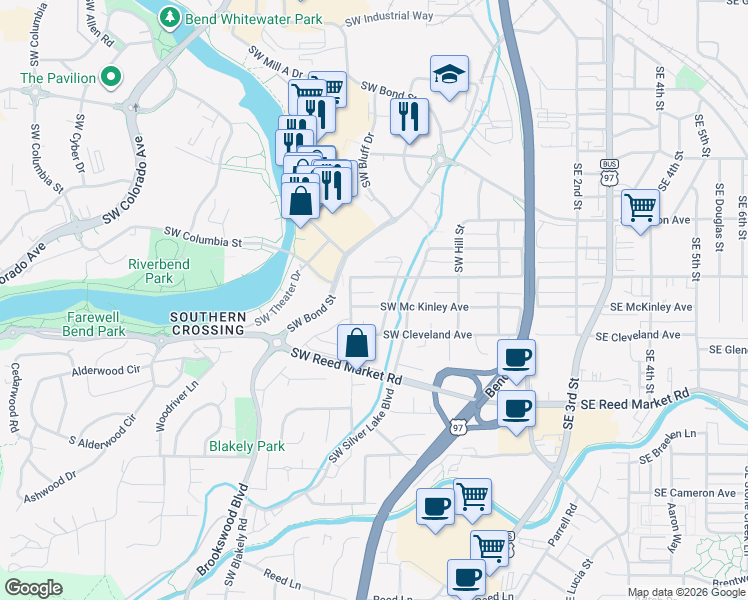 map of restaurants, bars, coffee shops, grocery stores, and more near 318 Southwest Mc Kinley Avenue in Bend