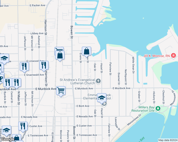 map of restaurants, bars, coffee shops, grocery stores, and more near 1914 Grove Street in Oshkosh