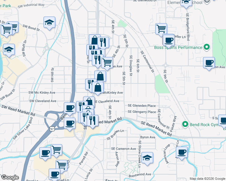map of restaurants, bars, coffee shops, grocery stores, and more near 415 Southeast McKinley Avenue in Bend