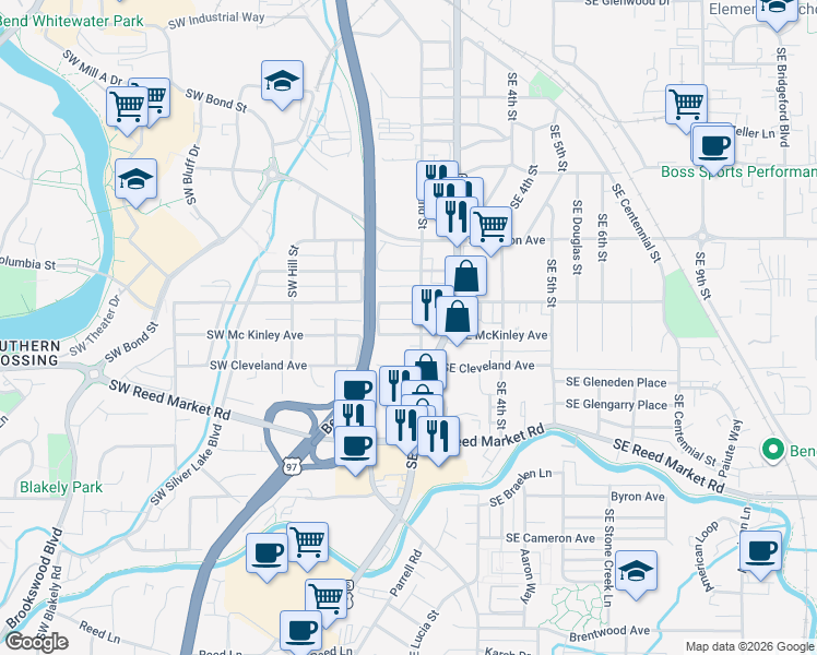 map of restaurants, bars, coffee shops, grocery stores, and more near 135 Southeast McKinley Avenue in Bend