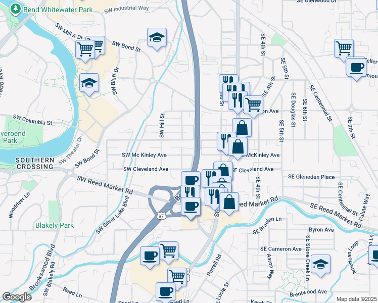 map of restaurants, bars, coffee shops, grocery stores, and more near 37 Southeast McKinley Avenue in Bend