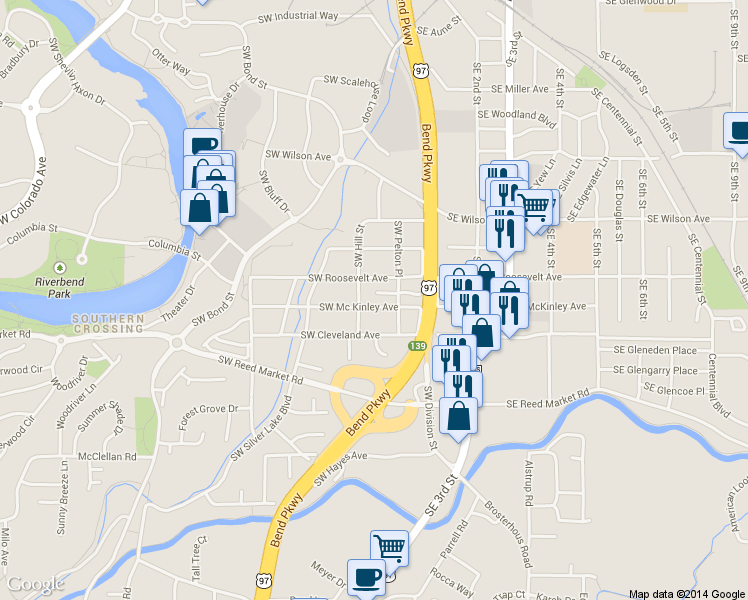 map of restaurants, bars, coffee shops, grocery stores, and more near 35 Southwest Mc Kinley Avenue in Bend