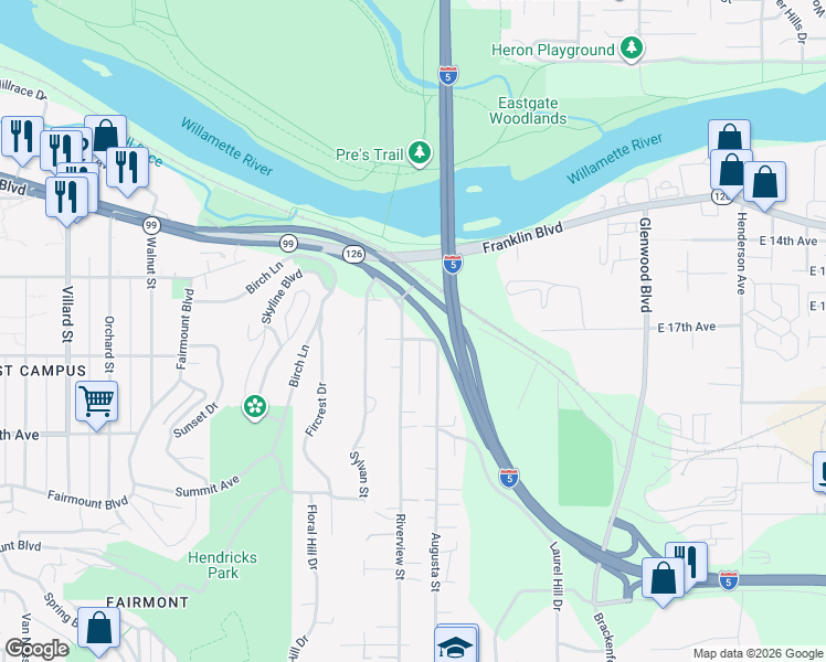 map of restaurants, bars, coffee shops, grocery stores, and more near 2770 East 16th Avenue in Eugene