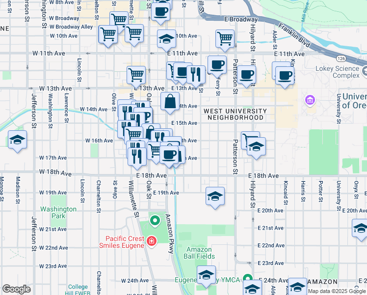 map of restaurants, bars, coffee shops, grocery stores, and more near in Eugene