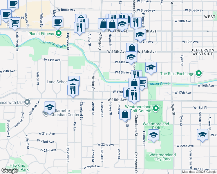 map of restaurants, bars, coffee shops, grocery stores, and more near 1885 West 17th Avenue in Eugene