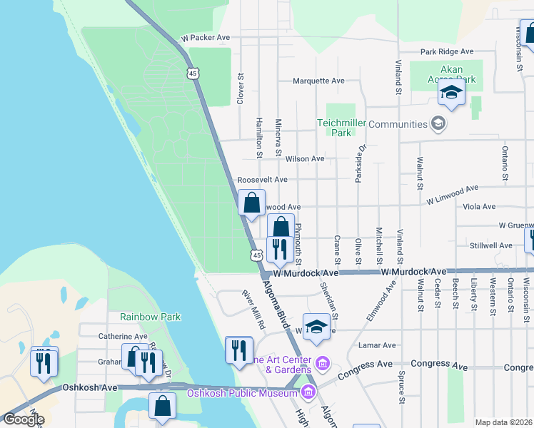 map of restaurants, bars, coffee shops, grocery stores, and more near 1926 Minerva Street in Oshkosh