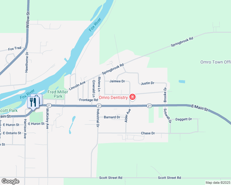 map of restaurants, bars, coffee shops, grocery stores, and more near 252 Arbutus Court in Omro